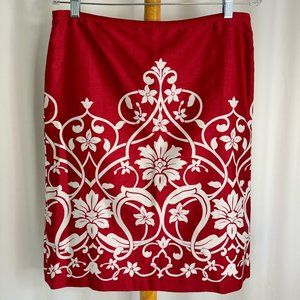 Ann Taylor LOFT Silk Midi Skirt Floral Red White Size 10